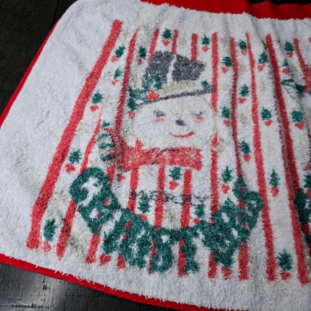 Vintage Christmas Terry Cloth Half Apron Snowmen Red White Waist Tie
